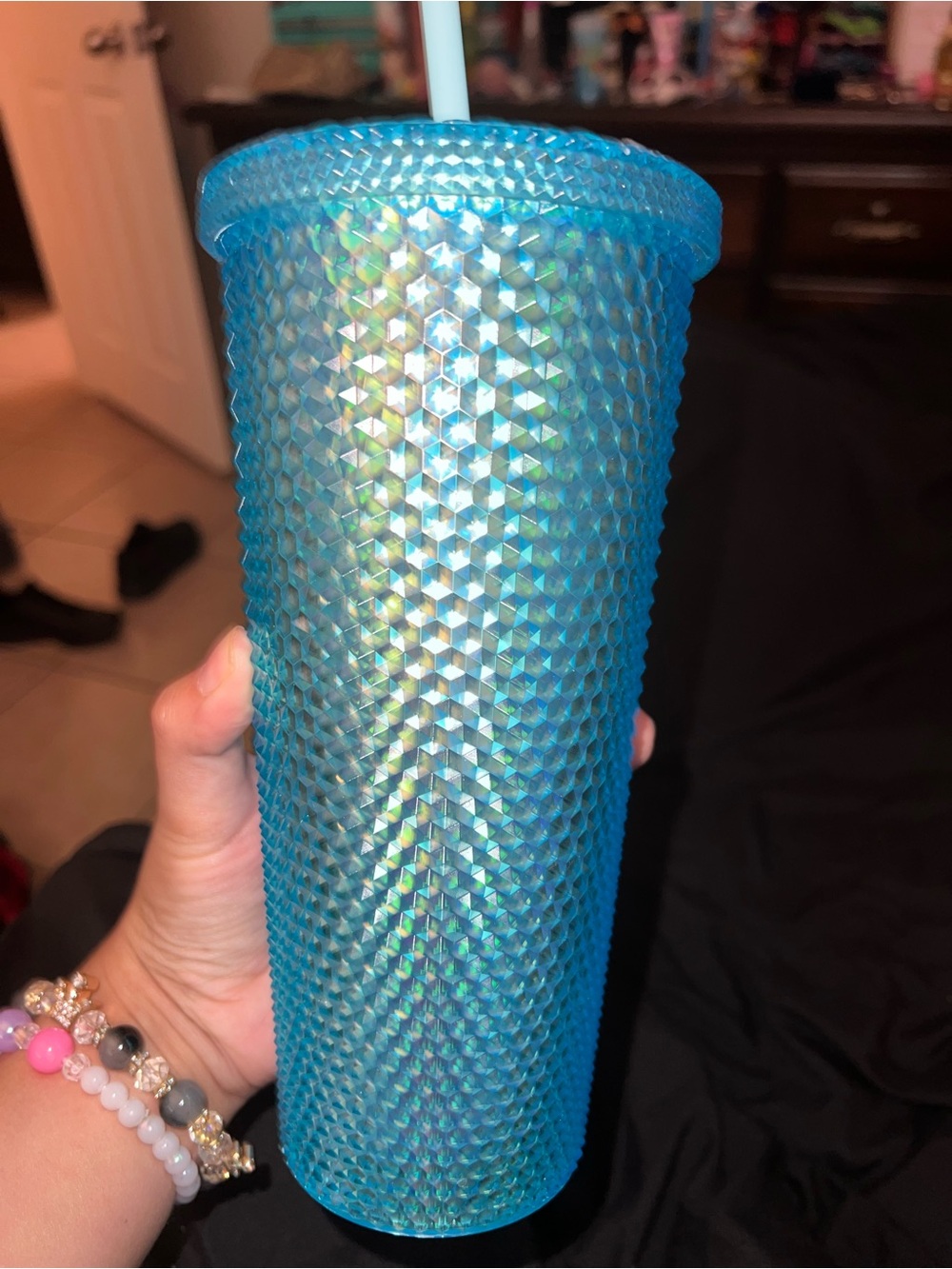 Iridescent Blue Studded Travel Tumbler with Straw -